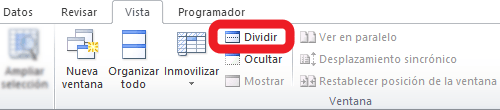 Dividir la ventana de Excel en cuatro paneles desde la ficha Vista > Ventana > Dividir
