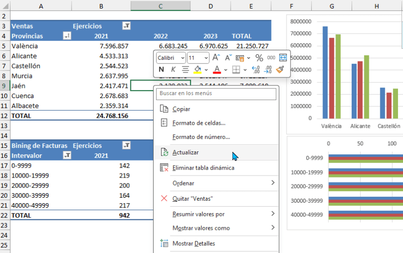 Una tabla dinámica sobre la que se va a activar desde su menú contextual la opción Actualizar todo